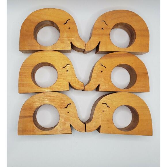Wood Carved Elephant Napkin Rings Holders 6 pc set Boho Kitschy Kitchen Dinning - Picture 3 of 6